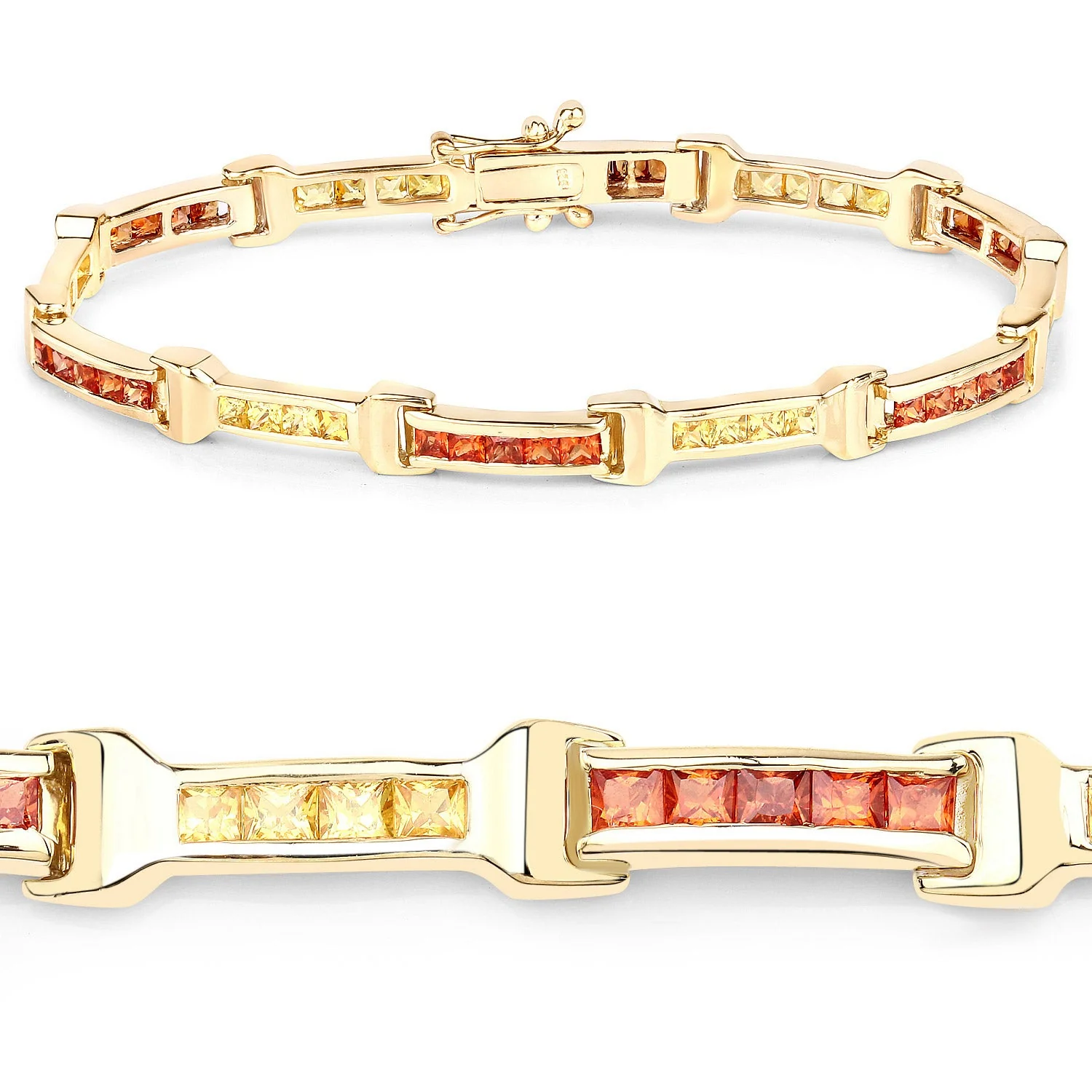 6.48 Carat Genuine Orange Sapphire and Yellow Sapphire .925 Sterling Silver Bracelet - Image 3