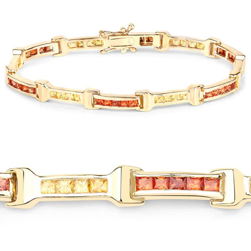 6.48 Carat Genuine Orange Sapphire and Yellow Sapphire .925 Sterling Silver Bracelet - Image 6