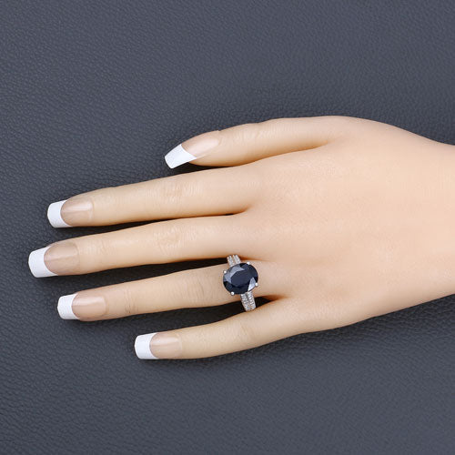 6.49 Carat Genuine Blue Sapphire and White Diamond 14K White Gold Ring - Image 5