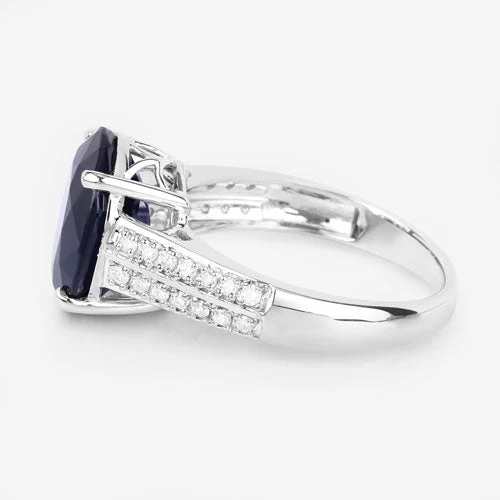 6.49 Carat Genuine Blue Sapphire and White Diamond 14K White Gold Ring - Image 6