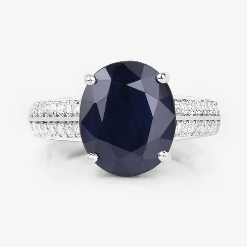 6.49 Carat Genuine Blue Sapphire and White Diamond 14K White Gold Ring - Image 8