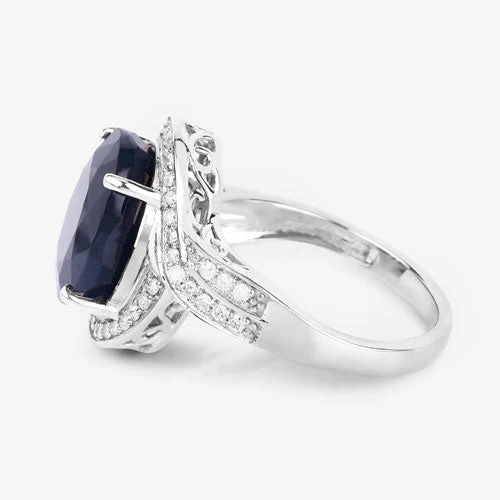 6.52 Carat Genuine Blue Sapphire and White Diamond 14K White Gold Ring - Image 6