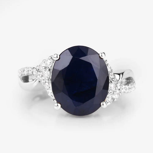 6.54 Carat Genuine Blue Sapphire and White Diamond 14K White Gold Ring - Image 8