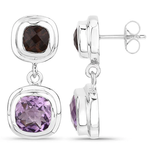 6.60 Carat Genuine Amethyst and Smoky Quartz .925 Sterling Silver Earrings - Image 2