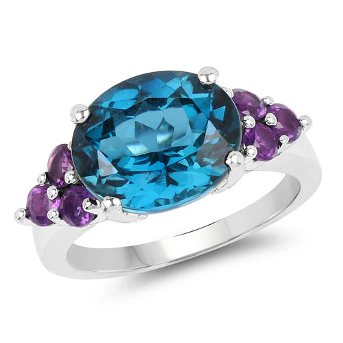6.60 Carat Genuine London Blue Topaz & Amethyst .925 Sterling Silver Ring - Image 4