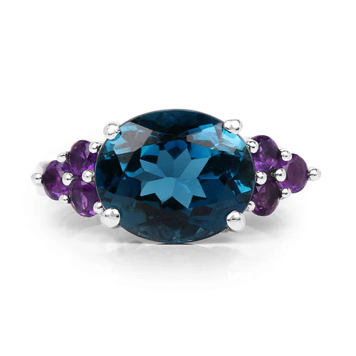 6.60 Carat Genuine London Blue Topaz & Amethyst .925 Sterling Silver Ring - Image 6