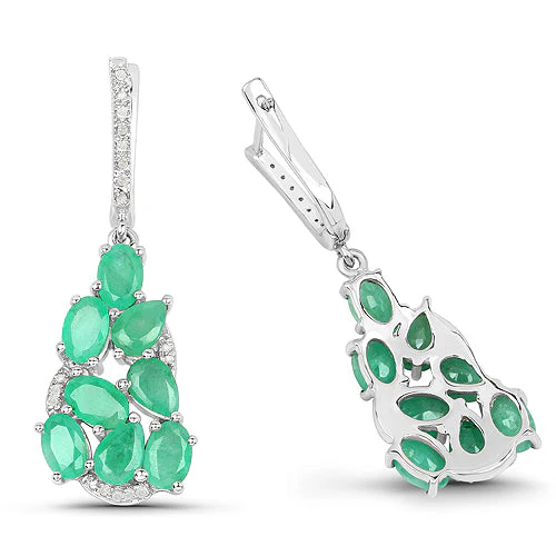 6.69 Carat Genuine Emerald and White Diamond .925 Sterling Silver Earrings - Image 2