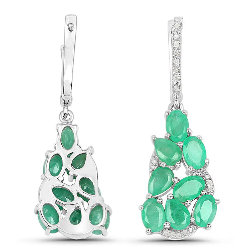 6.69 Carat Genuine Emerald and White Diamond .925 Sterling Silver Earrings - Image 3