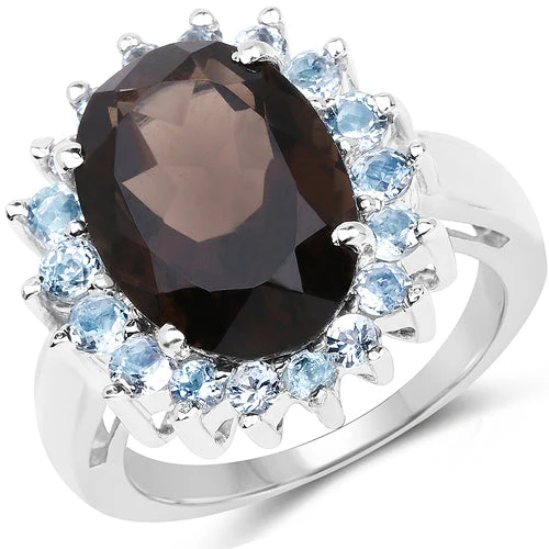 6.79 Carat Genuine Smoky Quartz & Blue Topaz .925 Sterling Silver Ring - Image 4