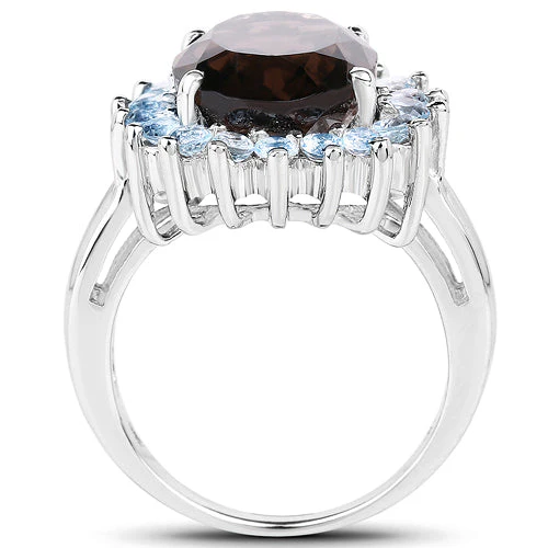 6.79 Carat Genuine Smoky Quartz & Blue Topaz .925 Sterling Silver Ring - Image 5