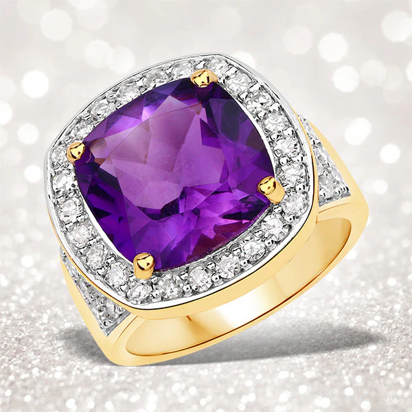 6.80 Carat Genuine Amethyst and White Diamond .925 Sterling Silver Ring
