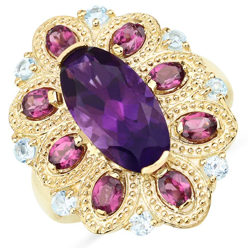 6.80 Carat Genuine Amethyst, Rhodolite and Blue Topaz .925 Sterling Silver Ring - Image 4