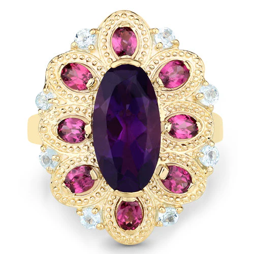 6.80 Carat Genuine Amethyst, Rhodolite and Blue Topaz .925 Sterling Silver Ring - Image 6