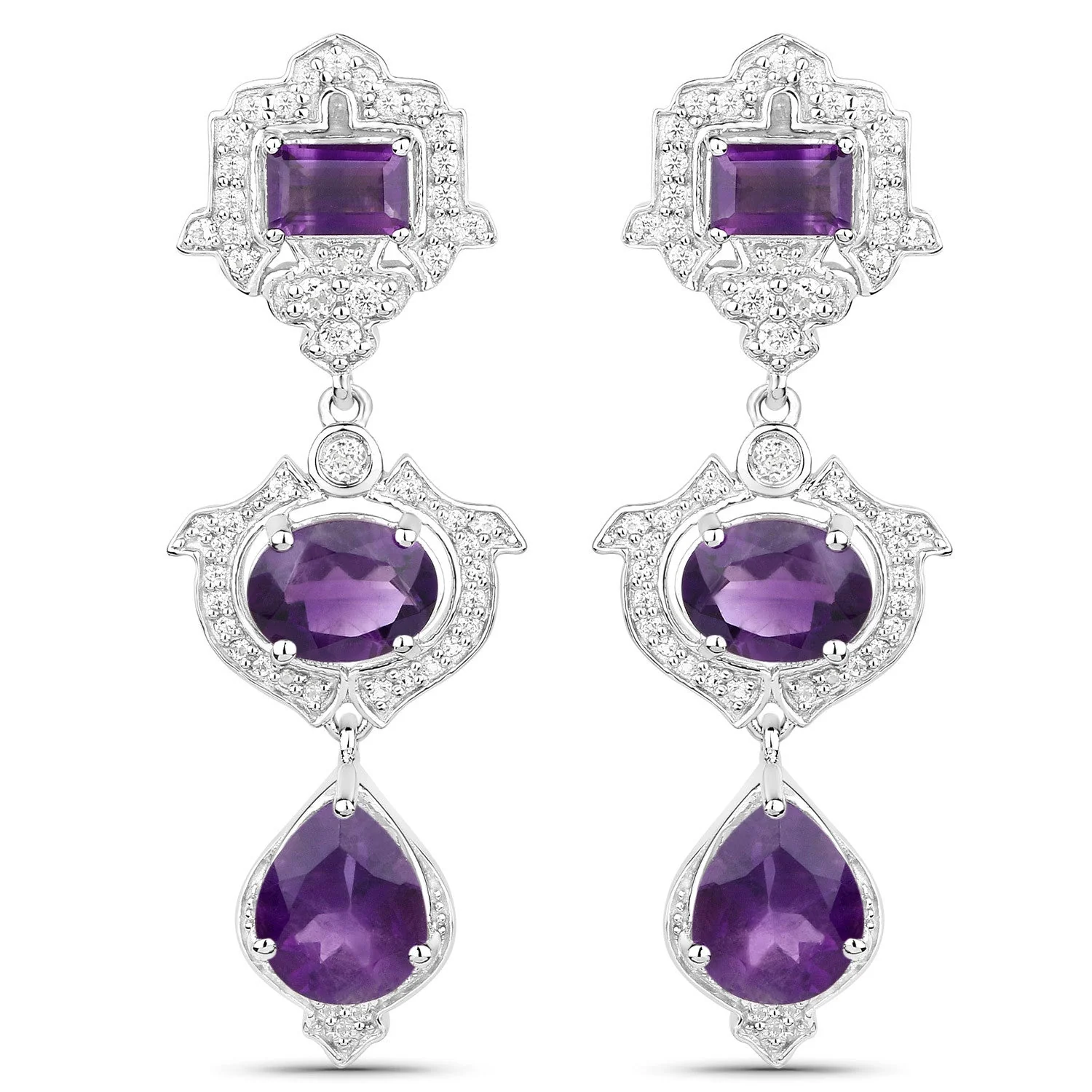 6.97 Carat Genuine Amethyst and White Topaz .925 Sterling Silver Earrings