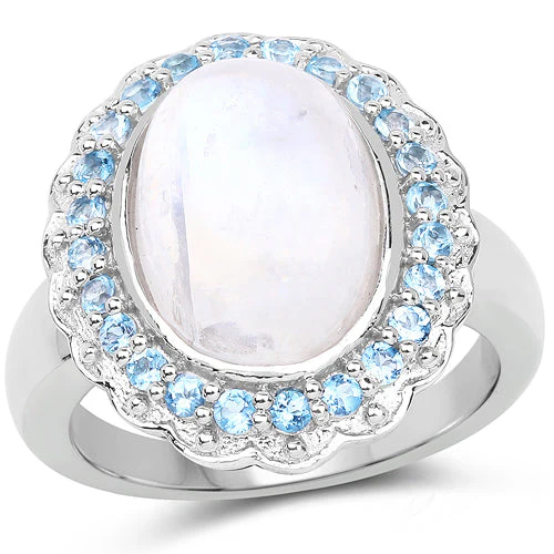 7.21 Carat Genuine White Rainbow Moonstone & Swiss Blue Topaz .925 Sterling Silver Ring - Image 4
