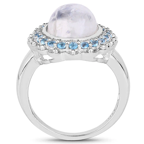 7.21 Carat Genuine White Rainbow Moonstone & Swiss Blue Topaz .925 Sterling Silver Ring - Image 5