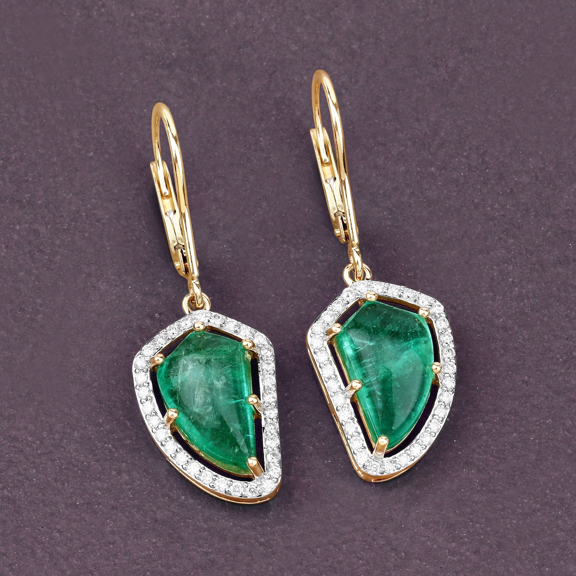 7.56 Carat Genuine Colombian Emerald and White Diamond 14K Yellow Gold Earrings - Image 2