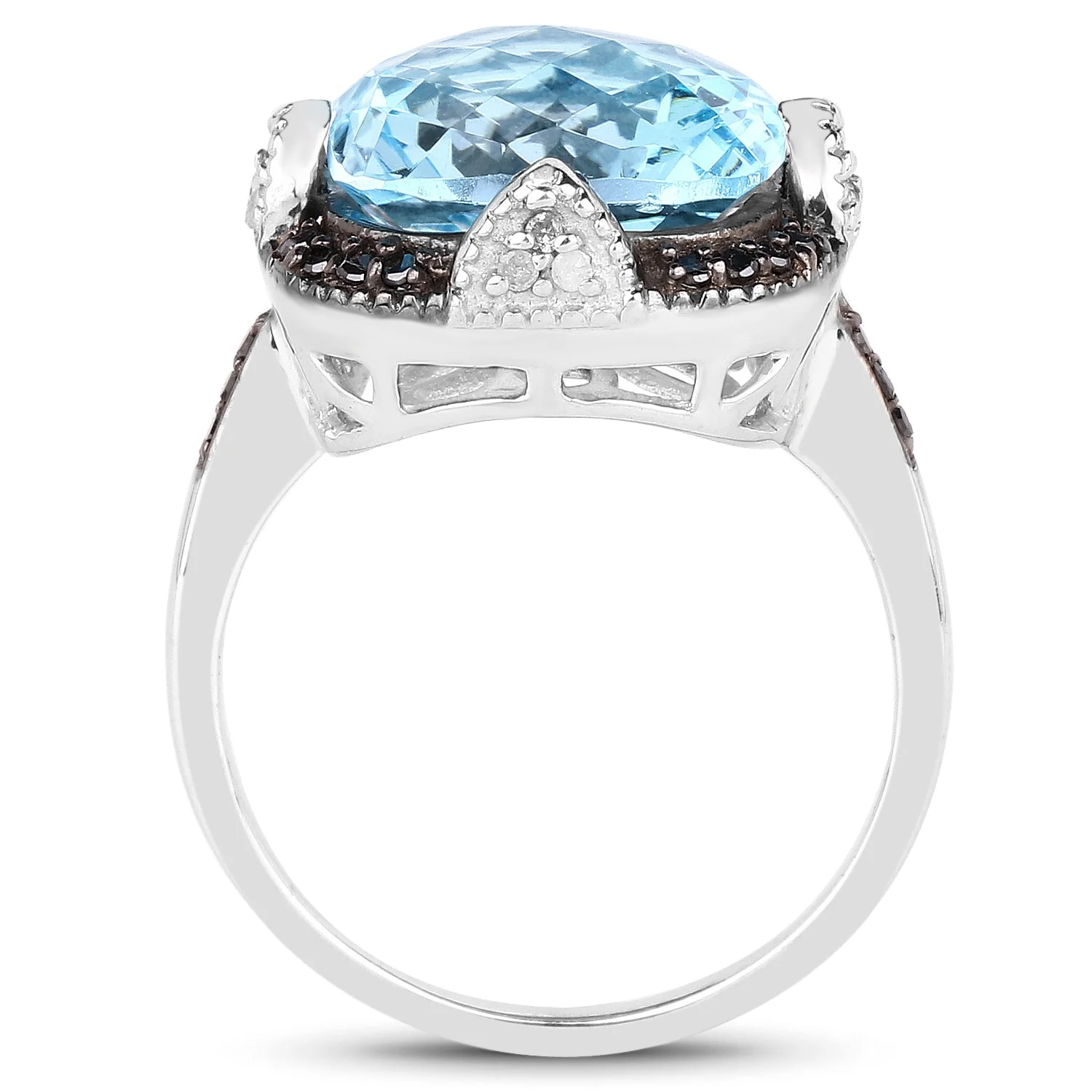 8.29 Carat Genuine Swiss Blue Topaz, Black Diamond & White Diamond .925 Sterling Silver Ring - Image 2