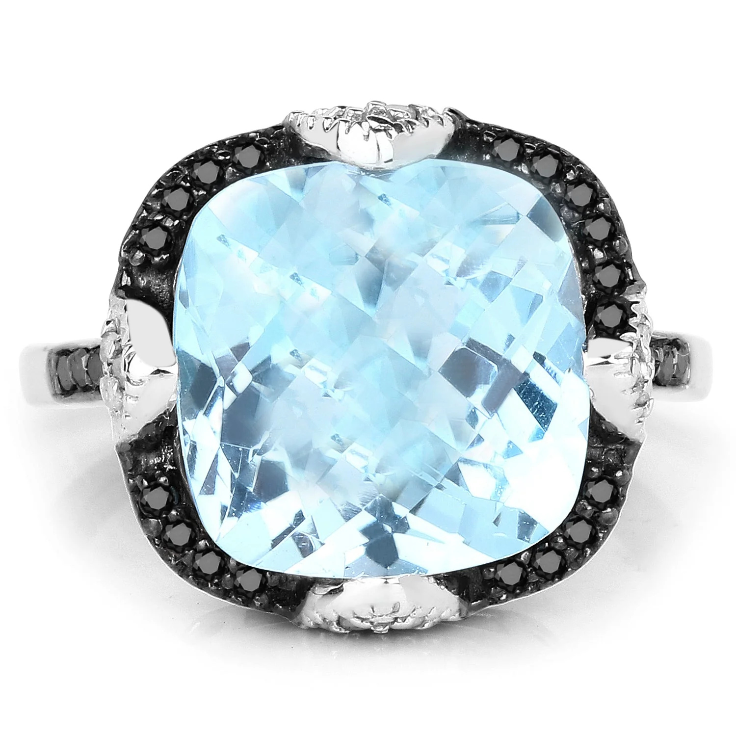 8.29 Carat Genuine Swiss Blue Topaz, Black Diamond & White Diamond .925 Sterling Silver Ring - Image 3