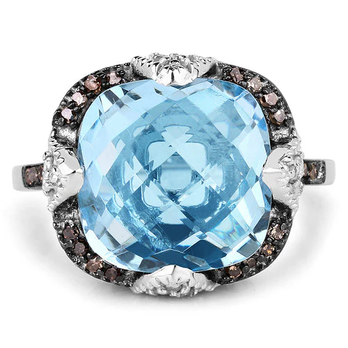 8.29 Carat Genuine Swiss Blue Topaz, Champagne Diamond and White Diamond .925 Sterling Silver Ring - Image 3