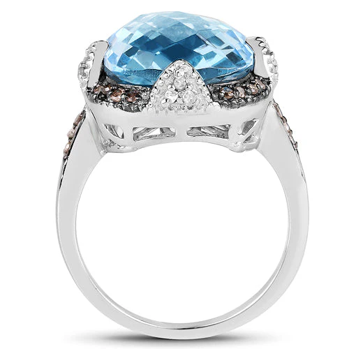 8.29 Carat Genuine Swiss Blue Topaz, Champagne Diamond and White Diamond .925 Sterling Silver Ring - Image 5