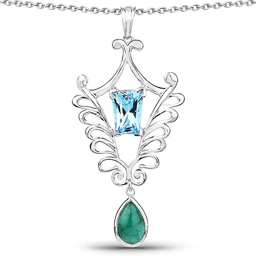 9.23 Carat Genuine Emerald and Swiss Blue Topaz .925 Sterling Silver Pendant - Image 3