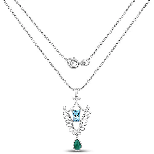 9.23 Carat Genuine Emerald and Swiss Blue Topaz .925 Sterling Silver Pendant - Image 4