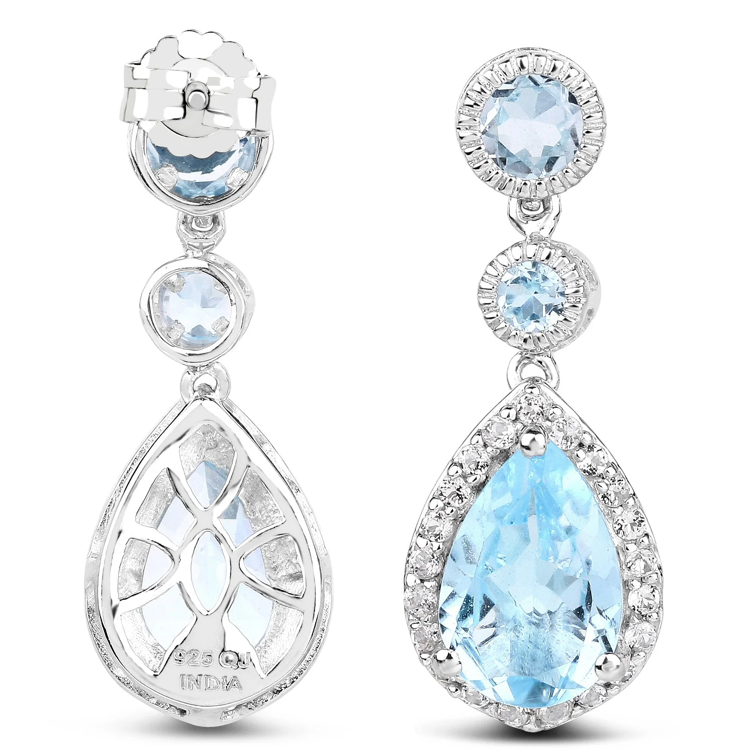 9.46 Carat Genuine Blue Topaz & White Topaz .925 Sterling Silver Earrings - Image 3