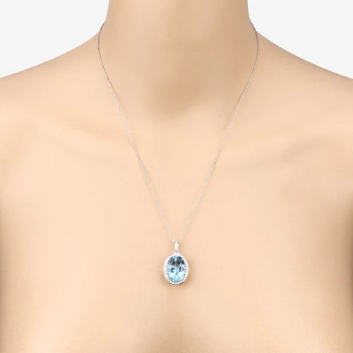 9.59 Carat Genuine Aquamarine and White Diamond 14K White Gold Pendant - Image 9