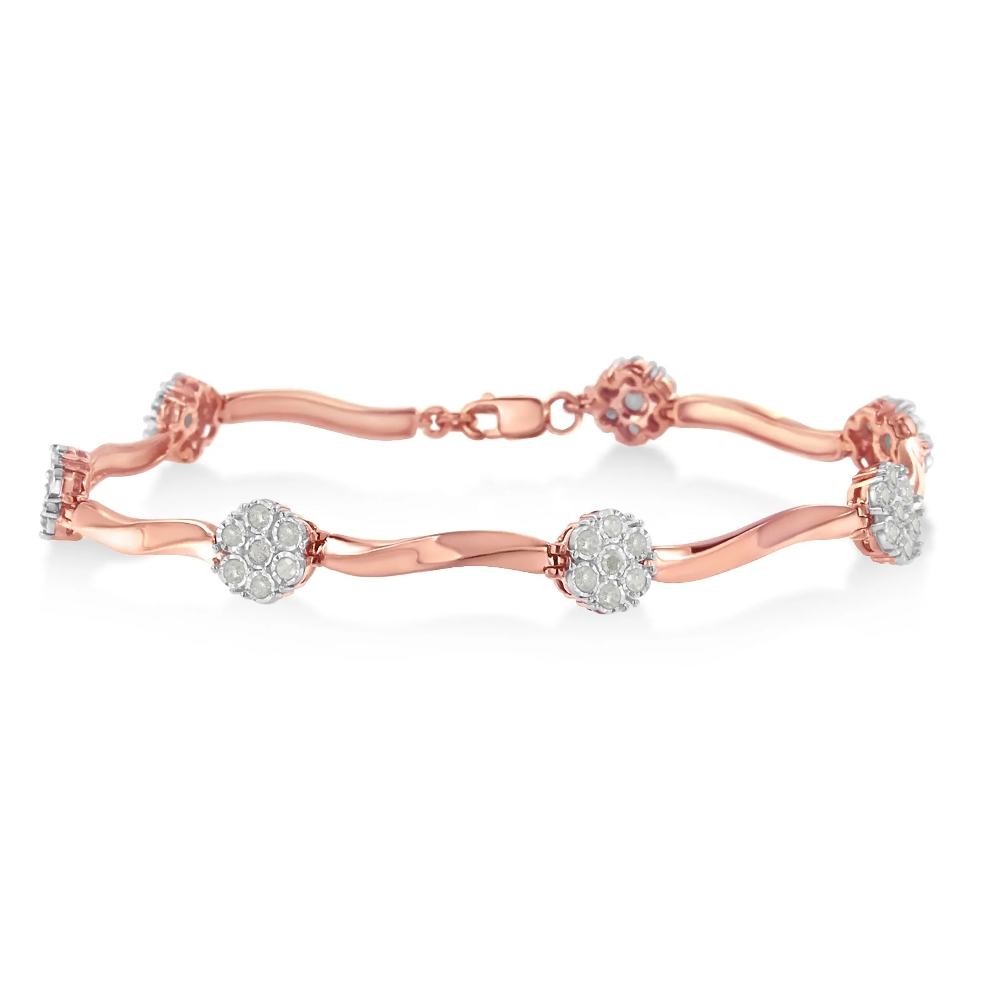 .925 10k Rose Gold Over Sterling Silver 1.0 cttw Diamond Floral Link Bracelet (I-J Color,I3 Clarity) - Image 5