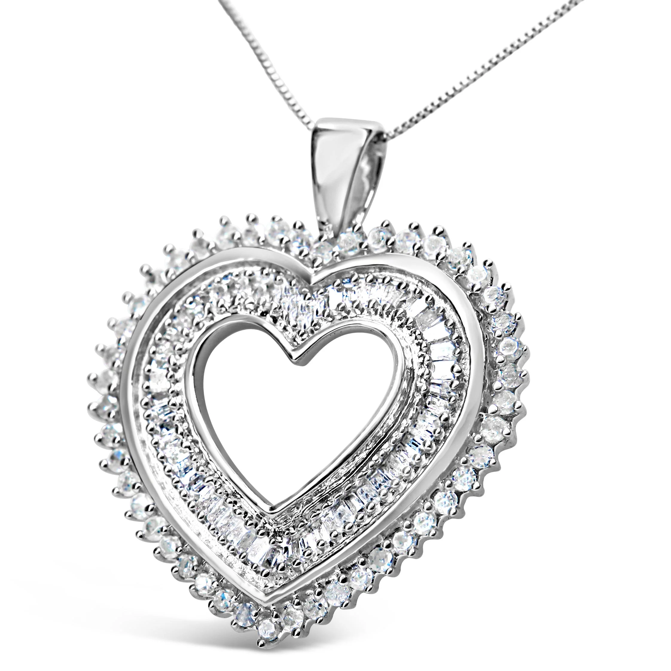 .925 Sterling Silver 1.0 Cttw Baguette and Round Diamond  Heart Pendant 18" Necklace (H-I Color, I3 Clarity) - Image 2