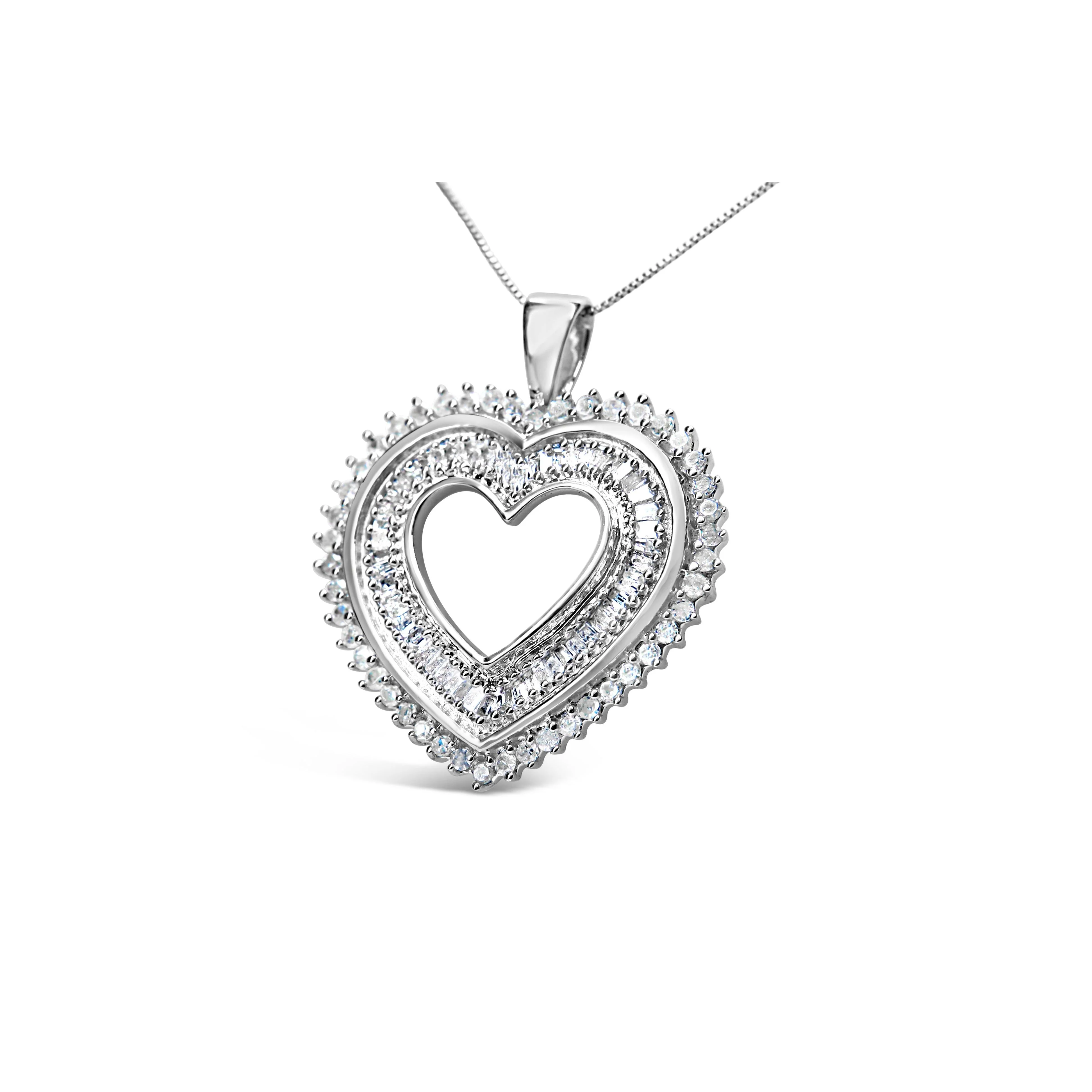 .925 Sterling Silver 1.0 Cttw Baguette and Round Diamond  Heart Pendant 18" Necklace (H-I Color, I3 Clarity) - Image 3