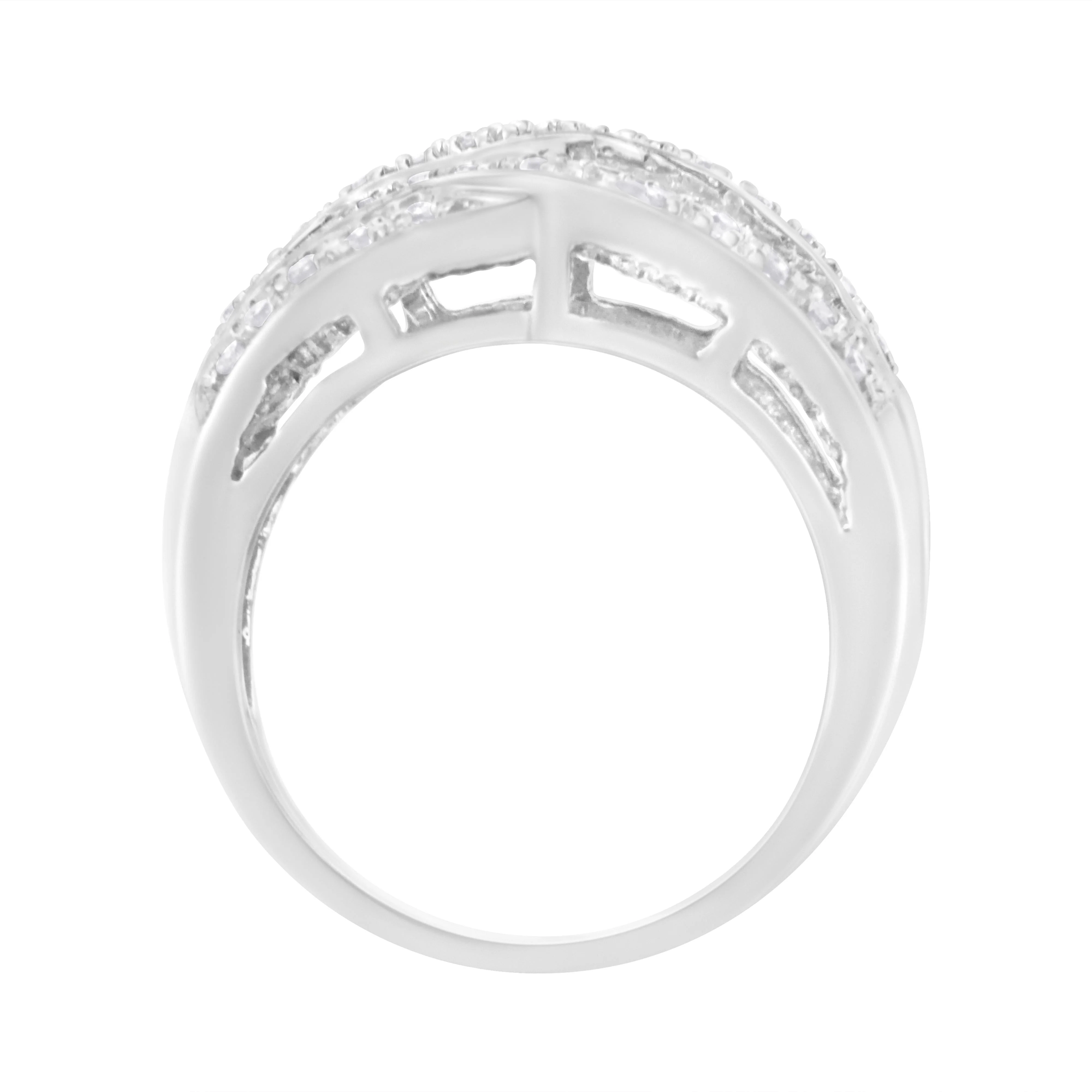 .925 Sterling Silver 1.0 Cttw Channel Set Alternating Round and Baguette Diamond Cross-over Bypass Ring Band (I-J Color, I2-I3 Clarity) - Size 7 - Image 2