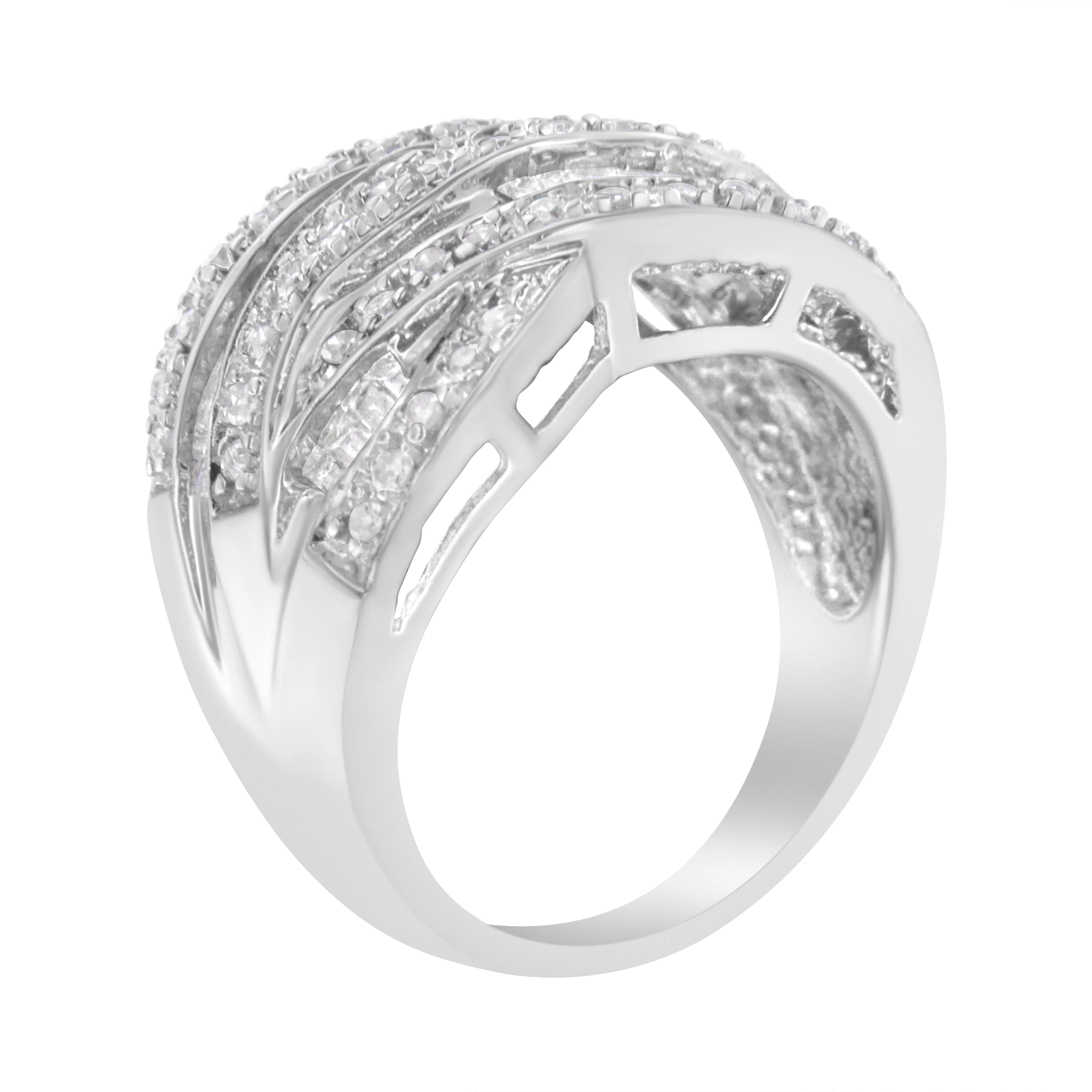 .925 Sterling Silver 1.0 Cttw Channel Set Alternating Round and Baguette Diamond Cross-over Bypass Ring Band (I-J Color, I2-I3 Clarity) - Size 7 - Image 4
