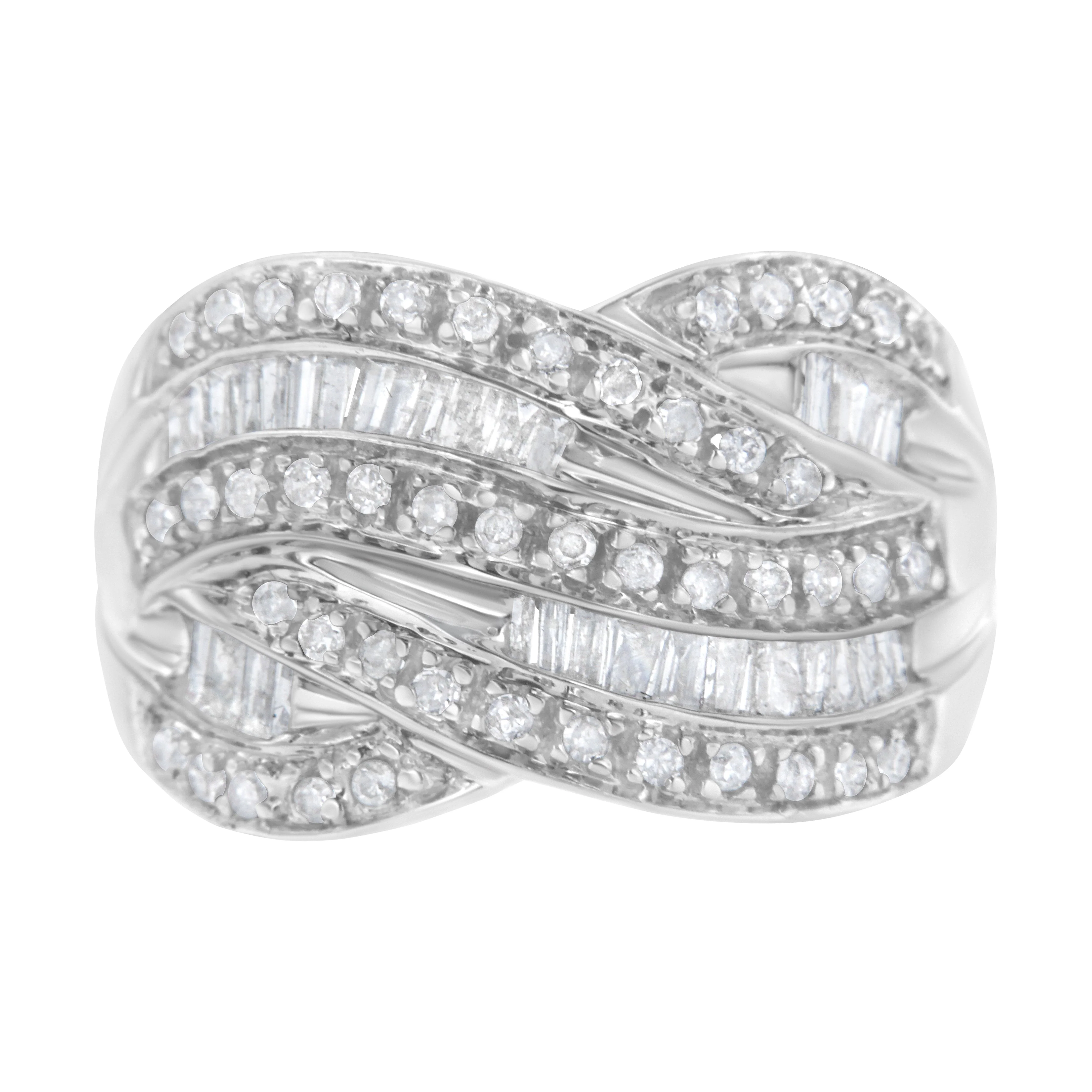 .925 Sterling Silver 1.0 Cttw Channel Set Alternating Round and Baguette Diamond Cross-over Bypass Ring Band (I-J Color, I2-I3 Clarity) - Size 7 - Image 5