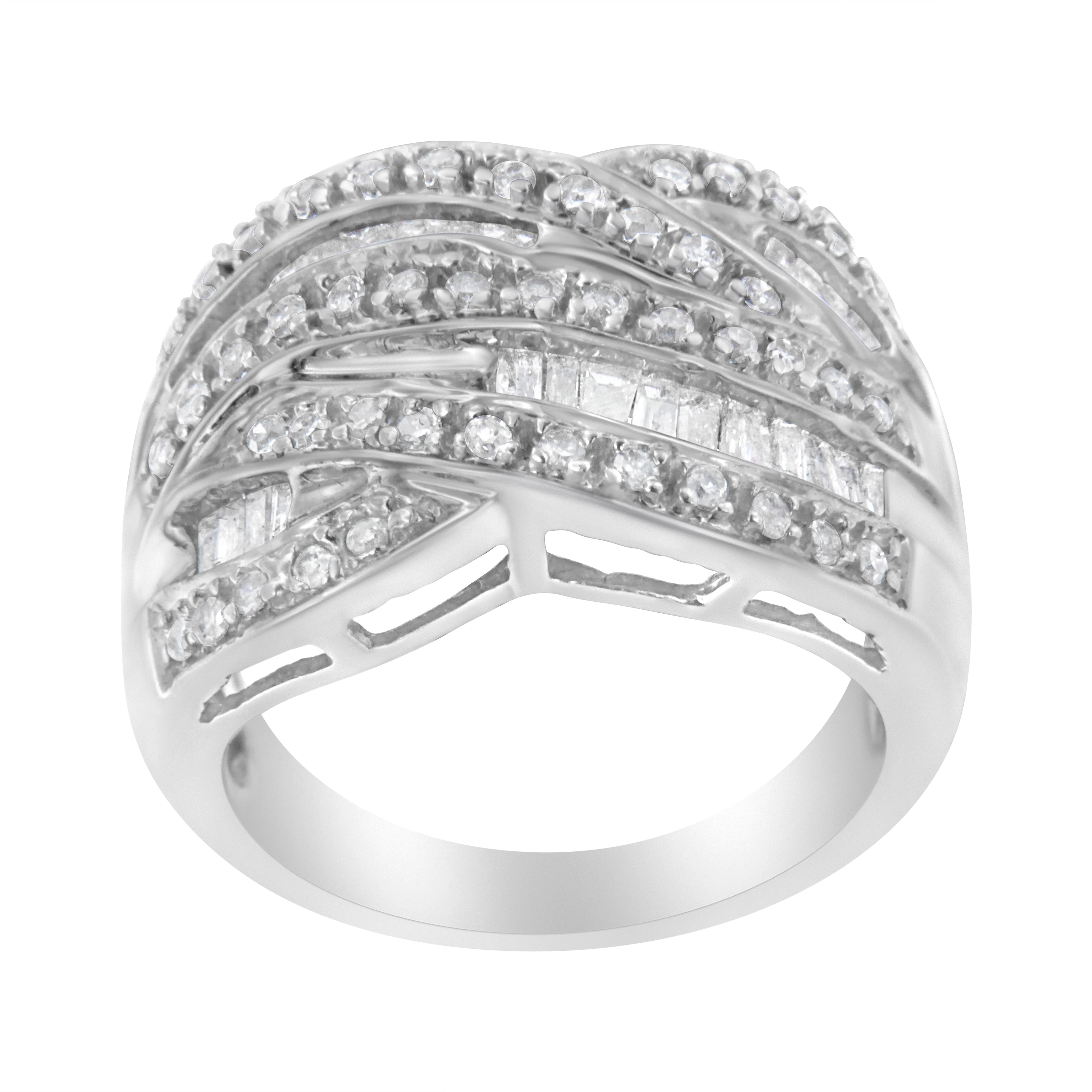 .925 Sterling Silver 1.0 Cttw Channel Set Alternating Round and Baguette Diamond Cross-over Bypass Ring Band (I-J Color, I2-I3 Clarity) - Size 7 - Image 7