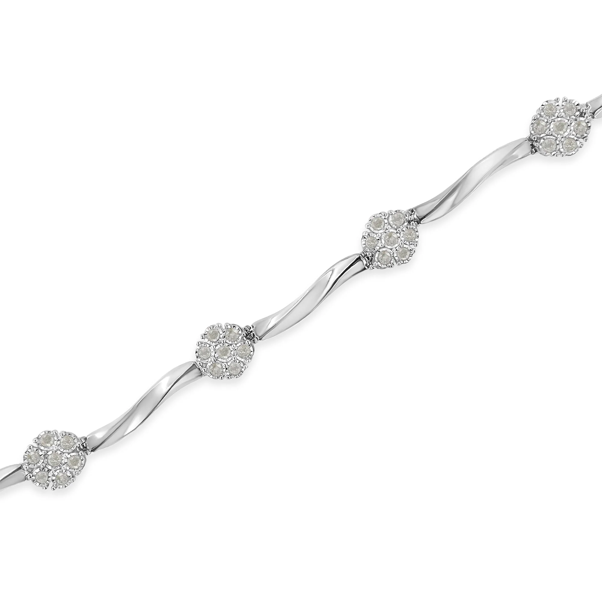 .925 Sterling Silver 1.0 Cttw Diamond Cluster Miracle-Set Station & Twisted Bar 7" Tennis Bracelet (H-I Color, I1-I2 Clarity) - Image 3