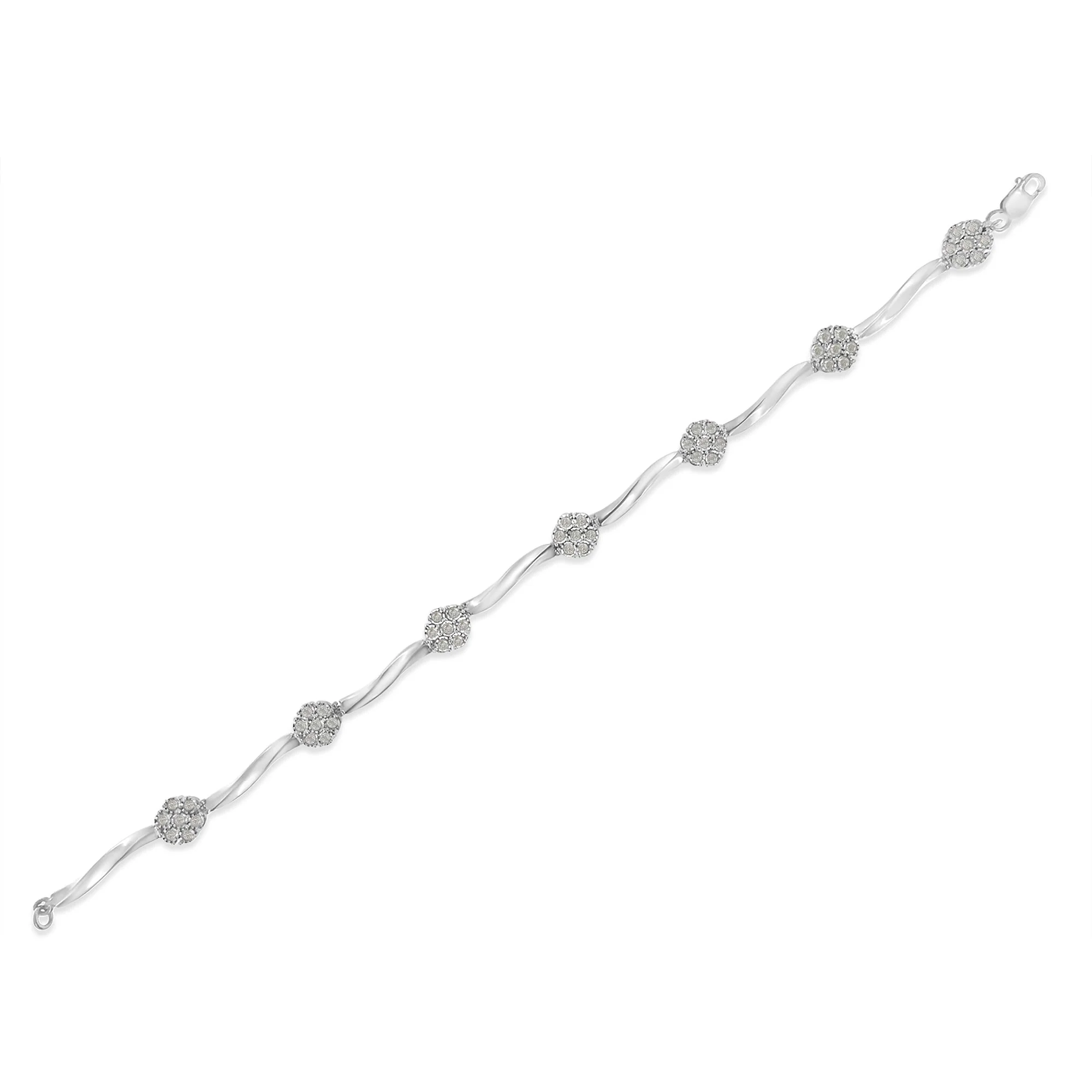 .925 Sterling Silver 1.0 Cttw Diamond Cluster Miracle-Set Station & Twisted Bar 7" Tennis Bracelet (H-I Color, I1-I2 Clarity) - Image 4