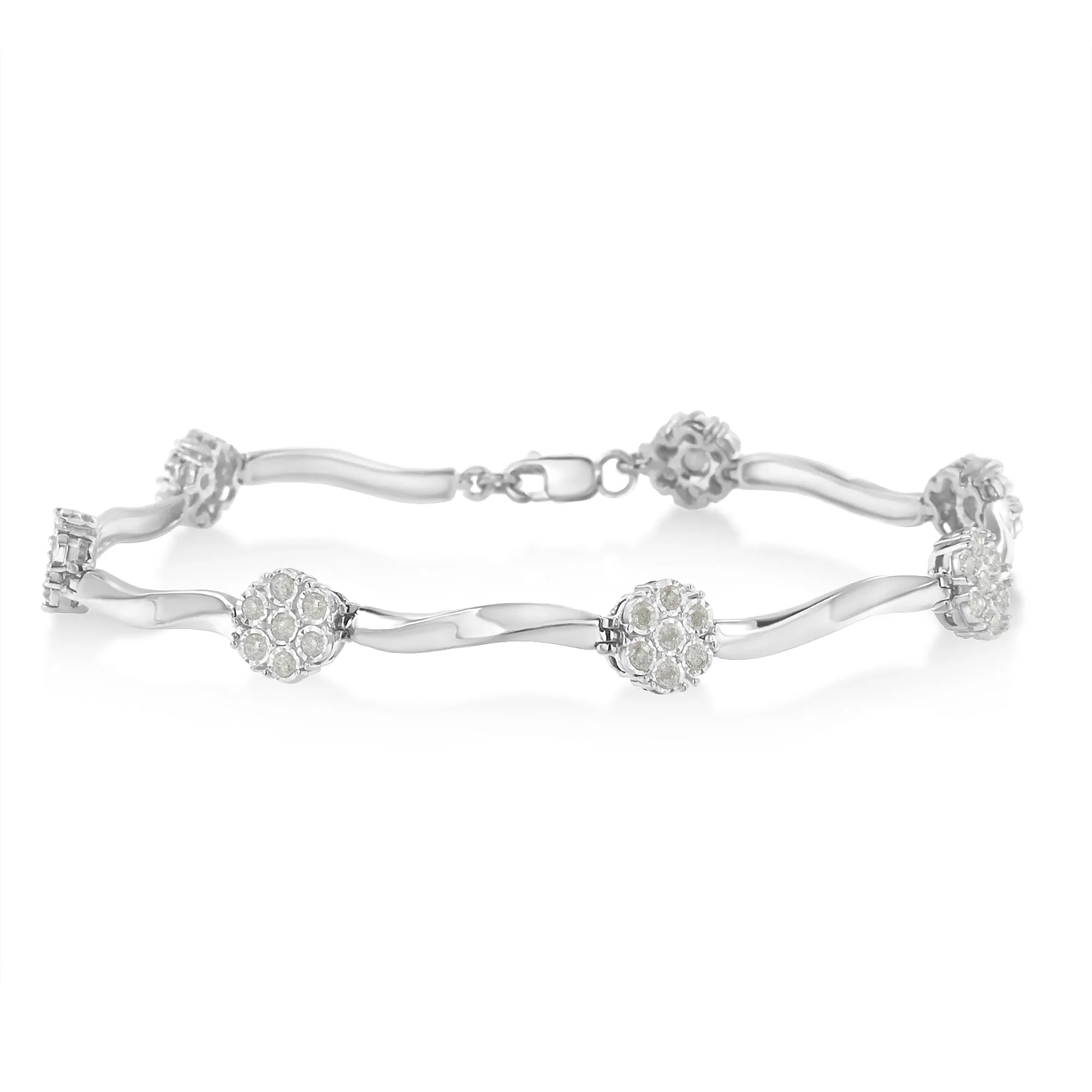 .925 Sterling Silver 1.0 Cttw Diamond Cluster Miracle-Set Station & Twisted Bar 7" Tennis Bracelet (H-I Color, I1-I2 Clarity) - Image 5