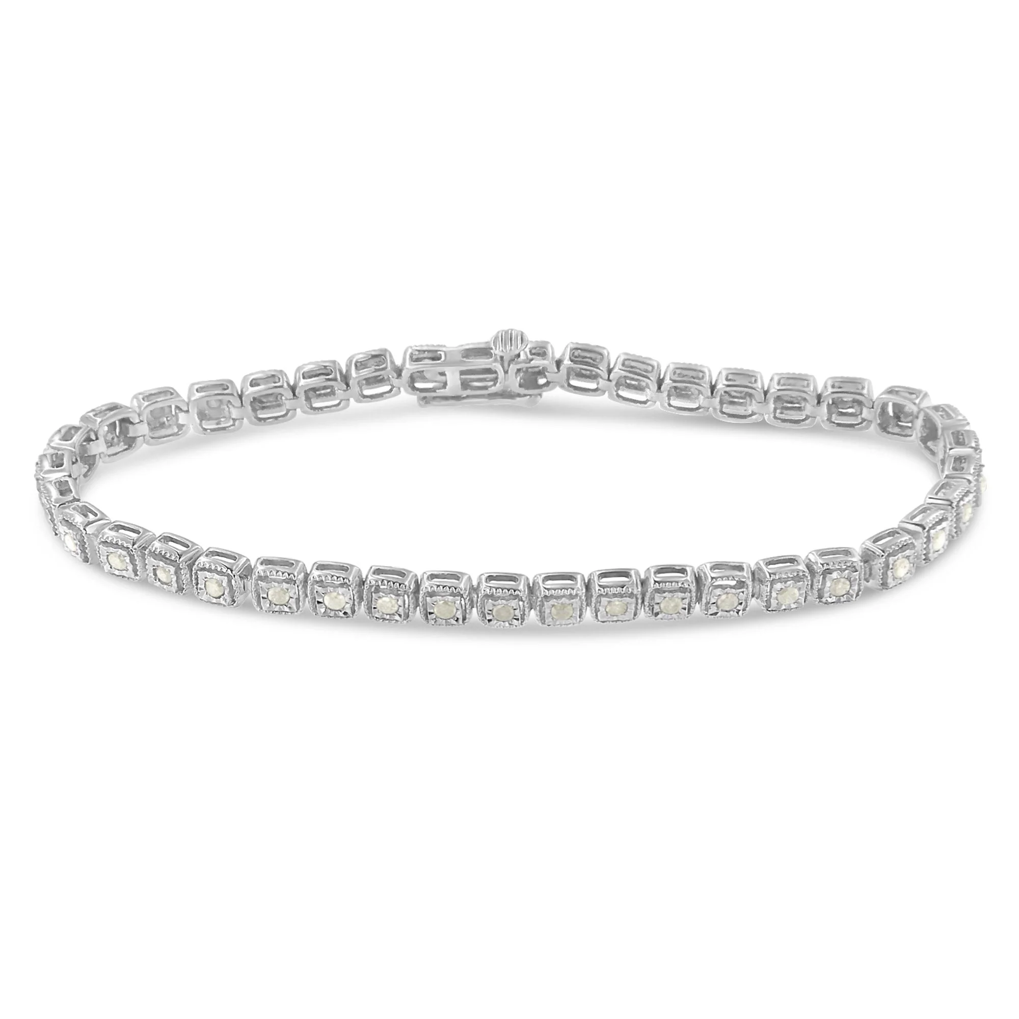 .925 Sterling Silver 1.0 Cttw Diamond Miracle-Set Square Milgrain 7" Link Tennis Bracelet (I-J Color, I3 Clarity) - Image 7
