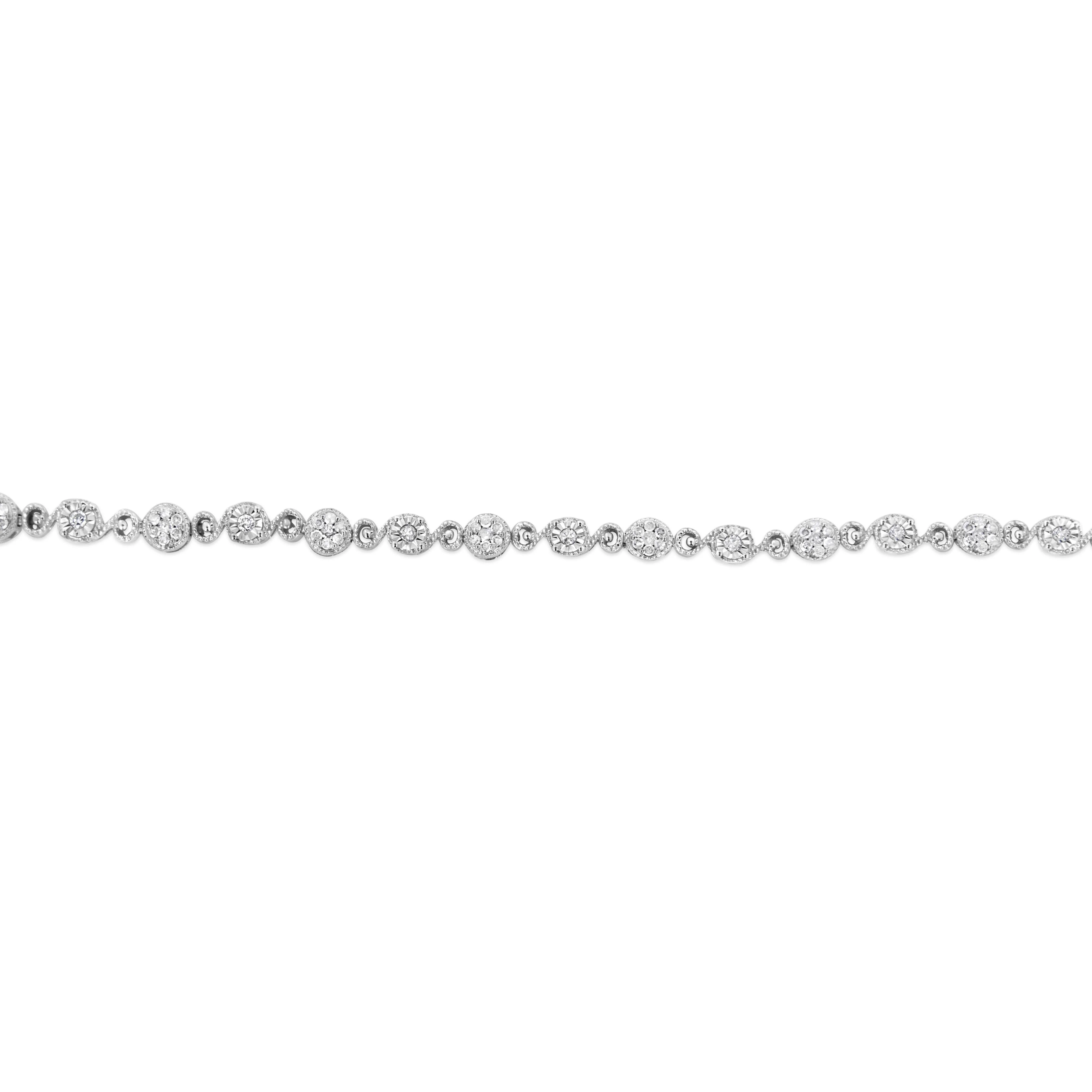 .925 Sterling Silver 1.0 Cttw Diamond Swirl Beaded Link Bracelet (I-J Color, I3-Promo Clarity) - 7.25" Inches - Image 3