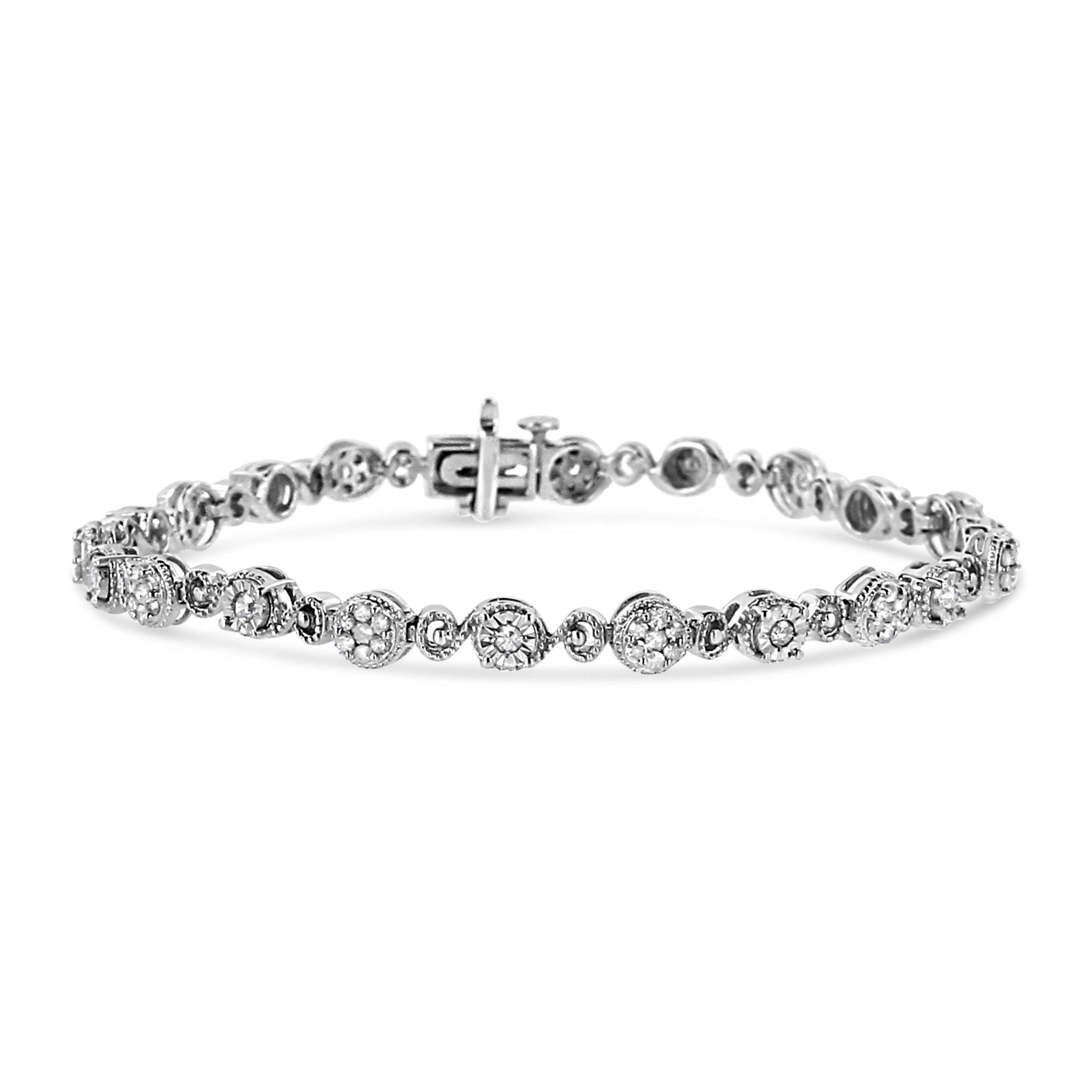 .925 Sterling Silver 1.0 Cttw Diamond Swirl Beaded Link Bracelet (I-J Color, I3-Promo Clarity) - 7.25" Inches - Image 4