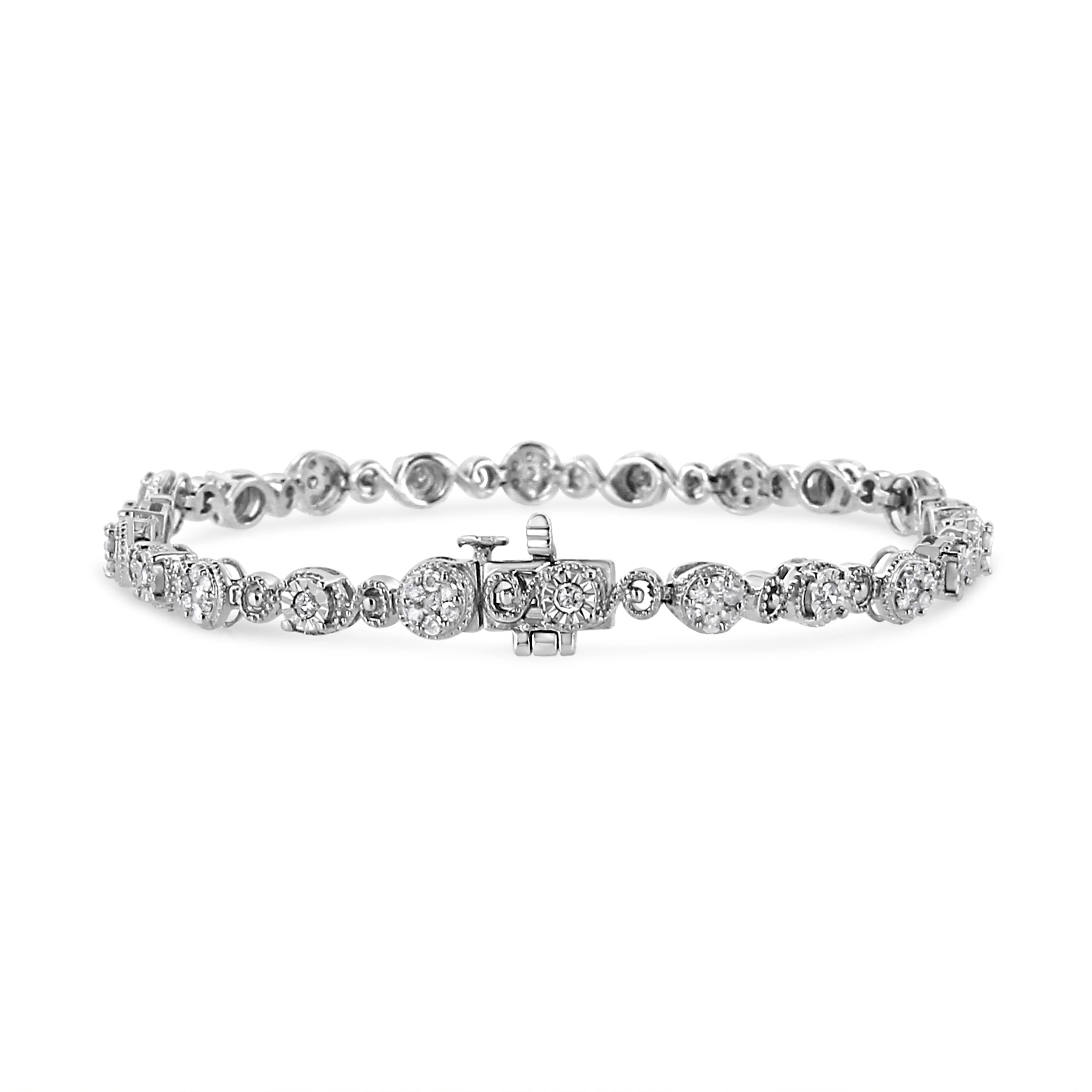 .925 Sterling Silver 1.0 Cttw Diamond Swirl Beaded Link Bracelet (I-J Color, I3-Promo Clarity) - 7.25" Inches - Image 5
