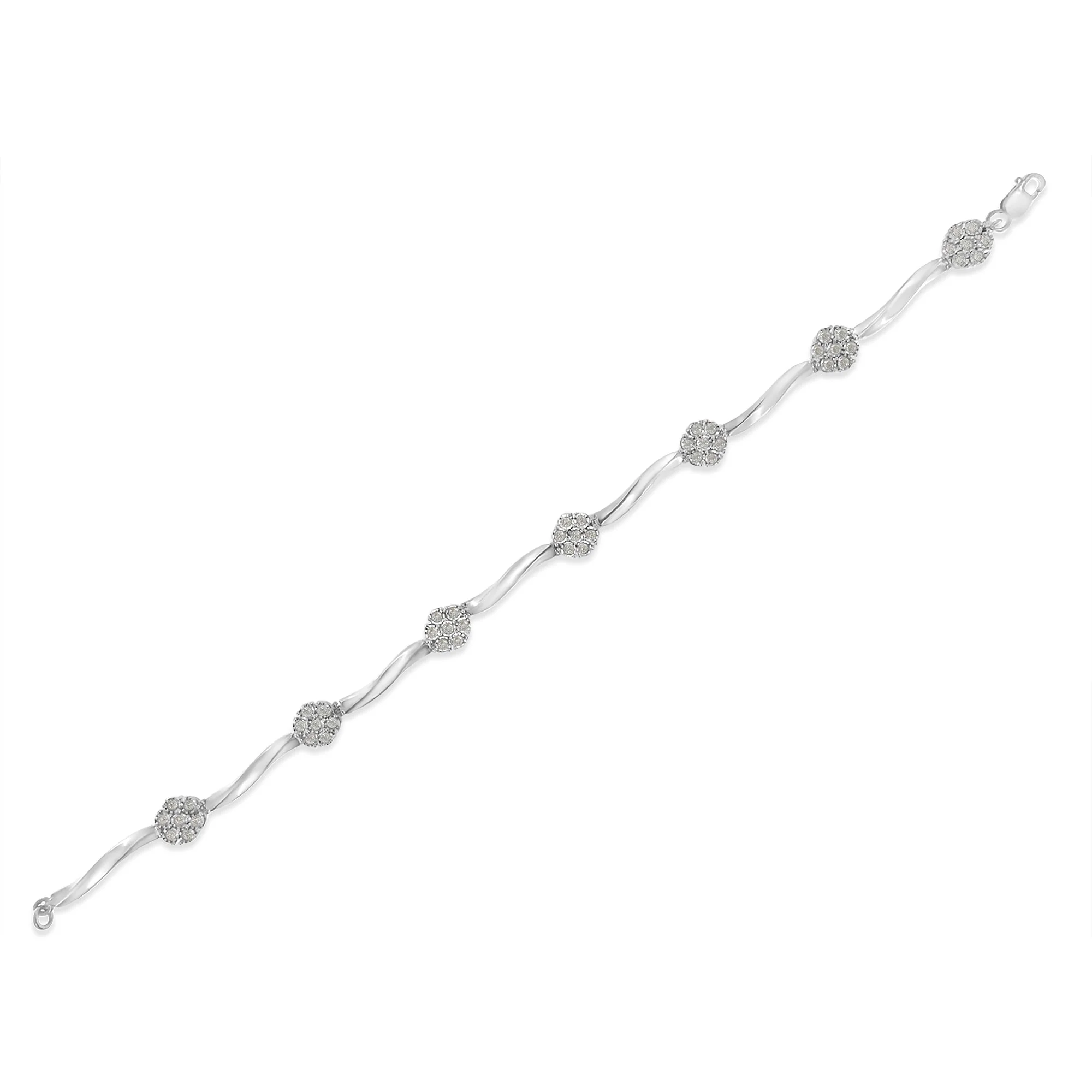 .925 Sterling Silver 1.0 cttw Miracle-Set Diamond 7 Stone Floral Cluster Link Bracelet (I-J Color, I3 Clarity) -7" - Image 8