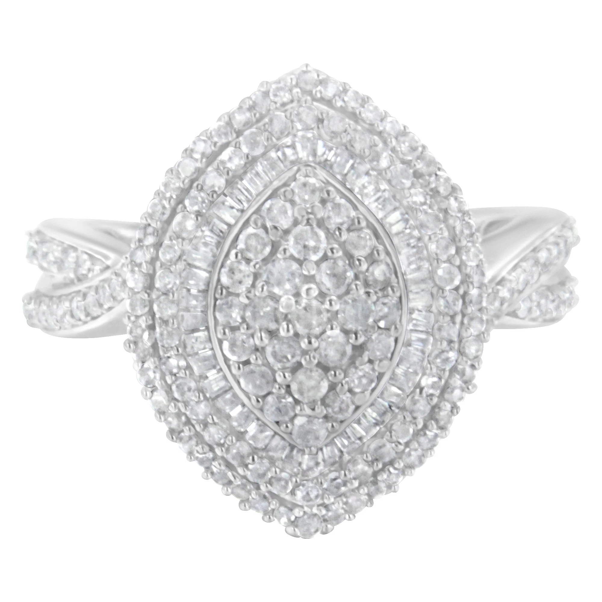 .925 Sterling Silver 1.0 Cttw Round & Baguette-Cut Diamond Marquise-Shaped Cluster Triple Stepped Halo Cocktail Fashion Ring (I-J Color, I2-I3 Clarity) - Size 7 - Image 4