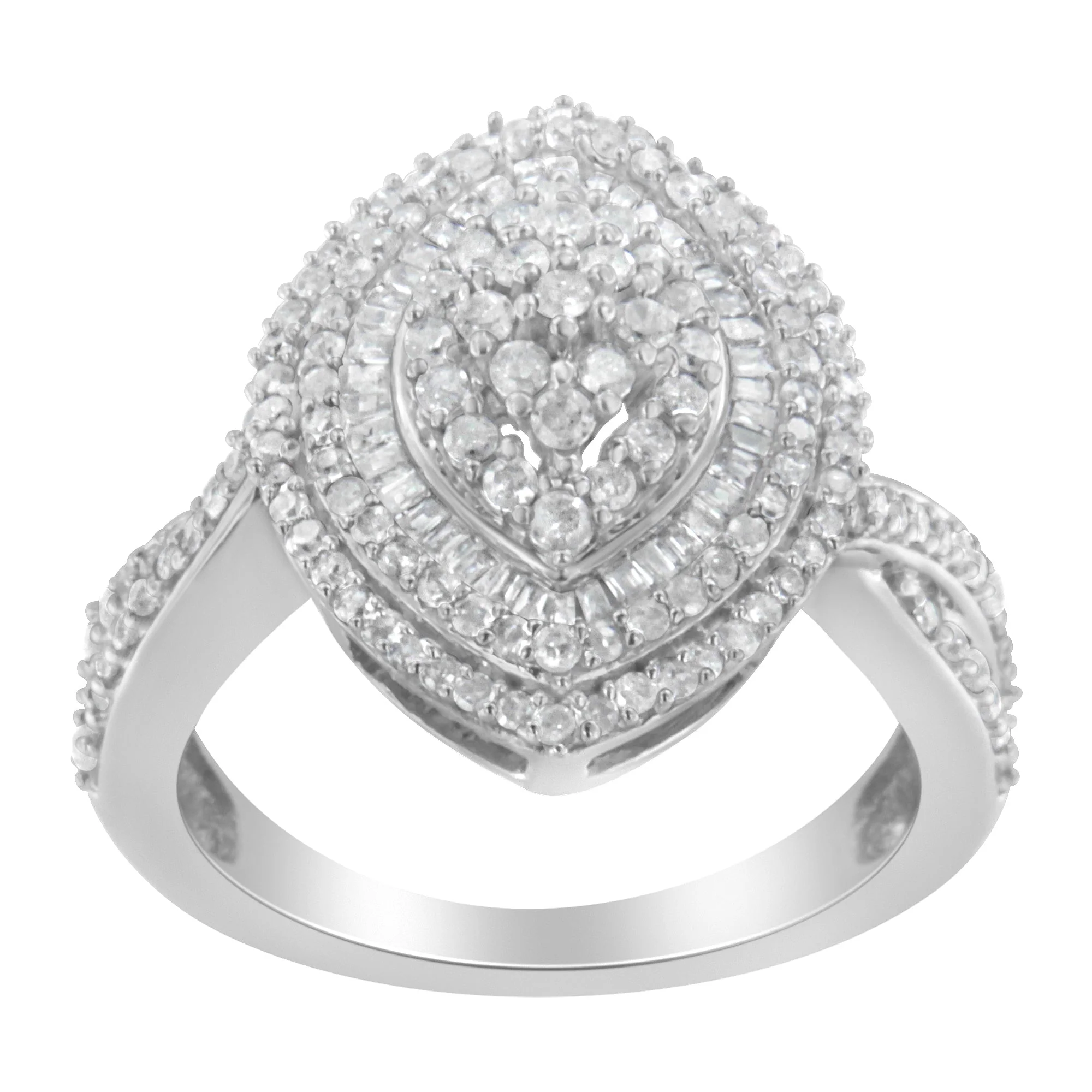 .925 Sterling Silver 1.0 Cttw Round & Baguette-Cut Diamond Marquise-Shaped Cluster Triple Stepped Halo Cocktail Fashion Ring (I-J Color, I2-I3 Clarity) - Size 7 - Image 7