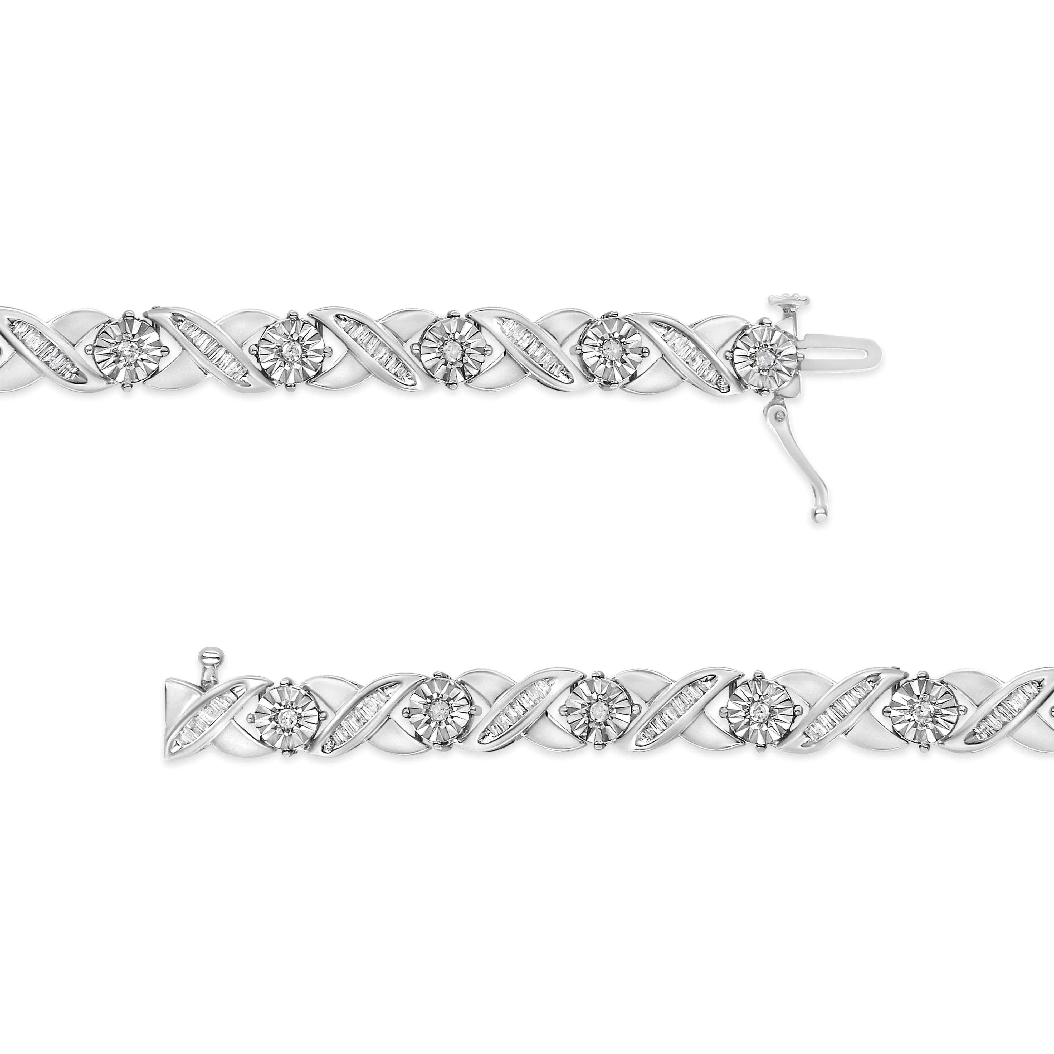 .925 Sterling Silver 1.0 Cttw Round-Brilliant and Baguette Cut Diamond Miracle-Set X-Link 7" Tennis Bracelet (I-J Color, I2-I3 Clarity) - Image 3