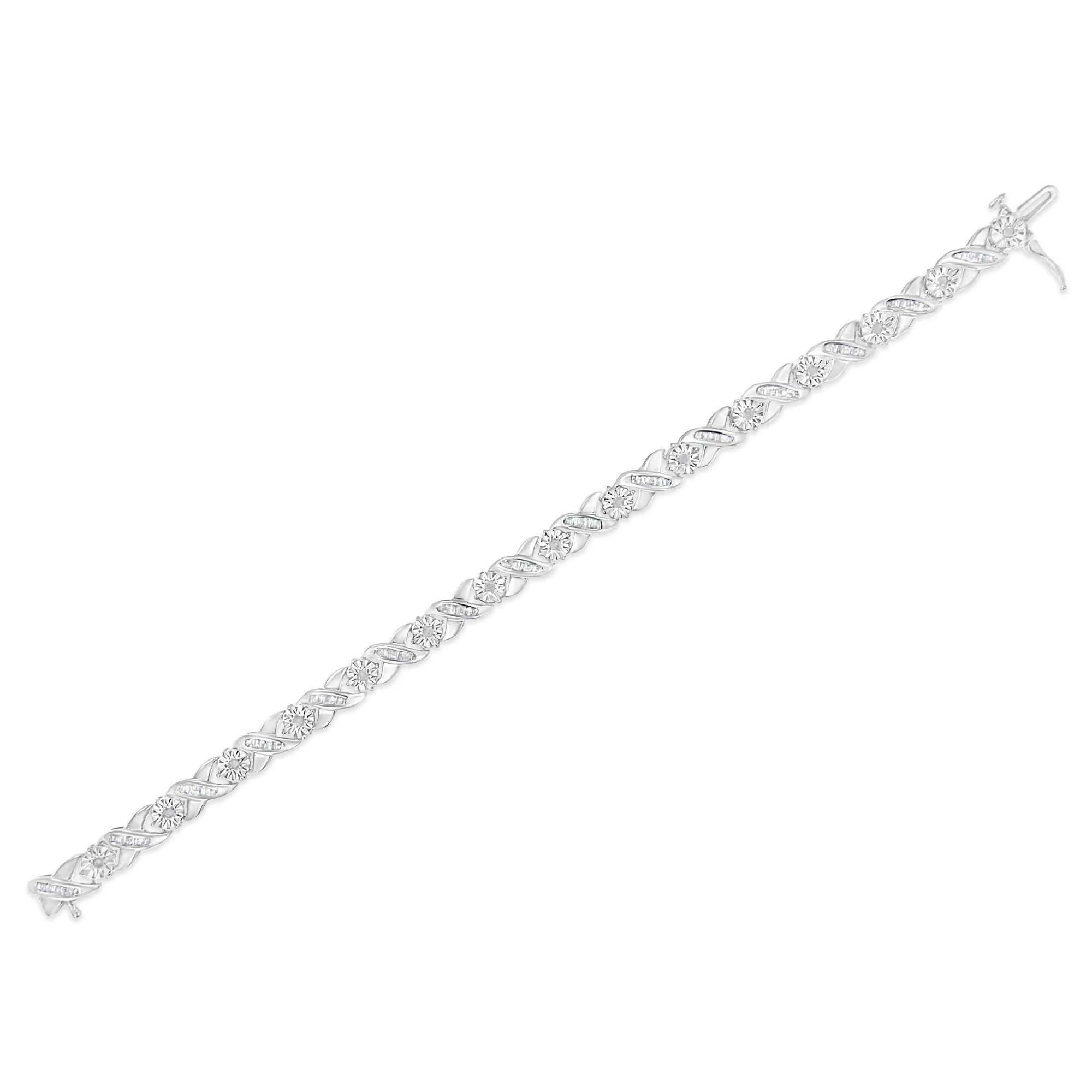 .925 Sterling Silver 1.0 Cttw Round-Brilliant and Baguette Cut Diamond Miracle-Set X-Link 7" Tennis Bracelet (I-J Color, I2-I3 Clarity) - Image 5