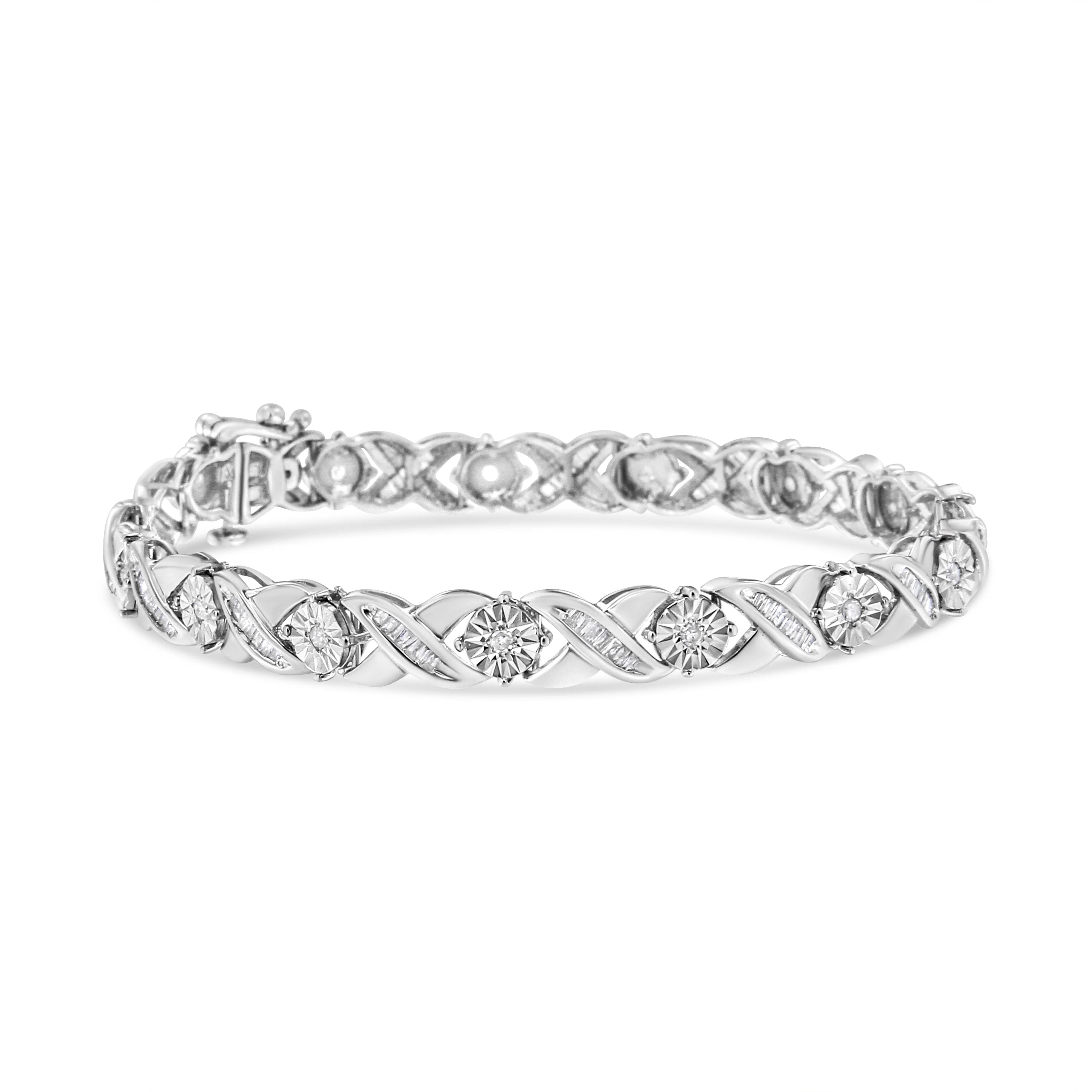.925 Sterling Silver 1.0 Cttw Round-Brilliant and Baguette Cut Diamond Miracle-Set X-Link 7" Tennis Bracelet (I-J Color, I2-I3 Clarity) - Image 6