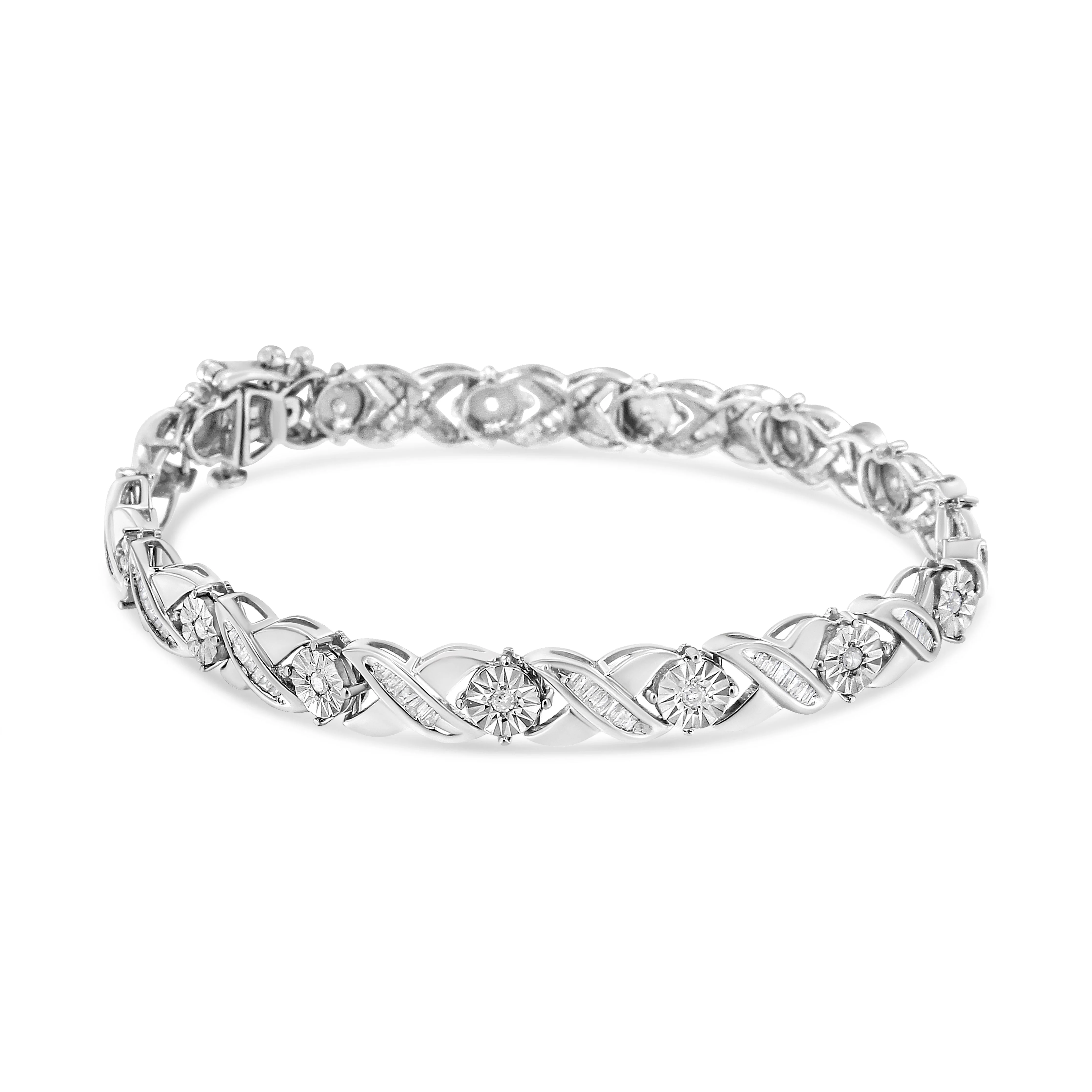 .925 Sterling Silver 1.0 Cttw Round-Brilliant and Baguette Cut Diamond Miracle-Set X-Link 7" Tennis Bracelet (I-J Color, I2-I3 Clarity) - Image 7